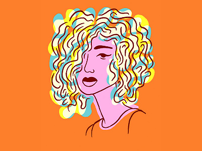 Tangerine blue curly face hair illustration orange pink portrait white woman yellow