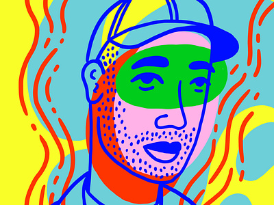 V 〜 R blue character face green hat illustration man pink portrait shapes yellow