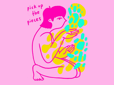 pick up the pieces character crouching illustration orange pieces pink portrait shapes yellow