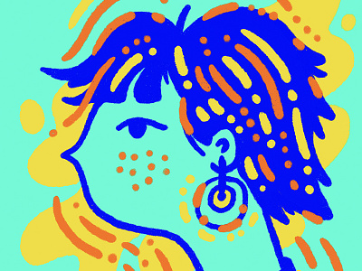 anticipation blue character earrings face freckles illustration orange portrait shapes woman yellow