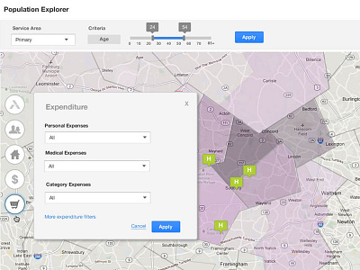 Population Density filters icons map pop over slider