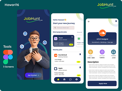 JobHunt - Job Recruitment Mobile Apps app career find work hire hiring job job application job finder job platform job portal job search jobhunt mobile recruitment ui uiux ux