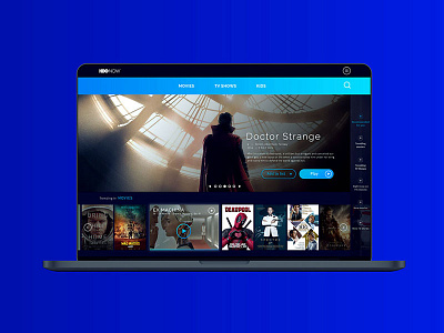 HBO Now Redesign - Home Screen blue card ui categories dark gradient home movies navigation smart tv streaming app vod web