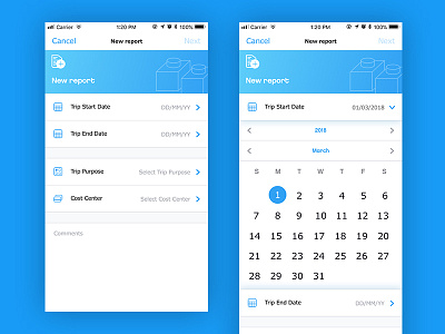 Reports App blue calendar date picker form gradient ios iphone iphone 8 iphone x reports ui white