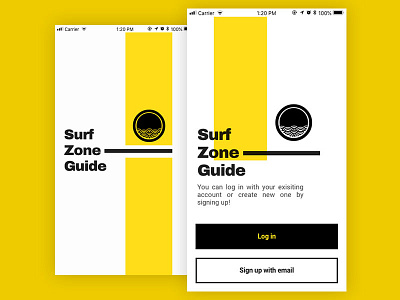 Surf Zone - Loading and Log In Screens black iphone iphone x loading log in mobile mobile ui sign up typography ui white yellow