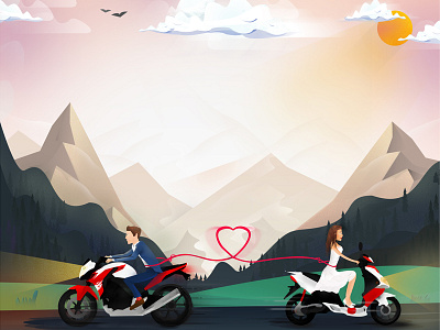 Wedding illustration bike design flat graphic hearth illustration invitation minimal motorbike wedding