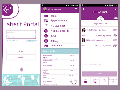 Paitient Portal Login and Live Chat - first concept ideas ios live chat login patient phase1 portal purple screens ui ux wires
