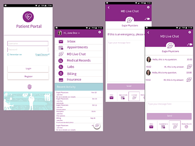 Patient portal login and live chat features android concept designs ios login logo mobile prototype ui ux wires