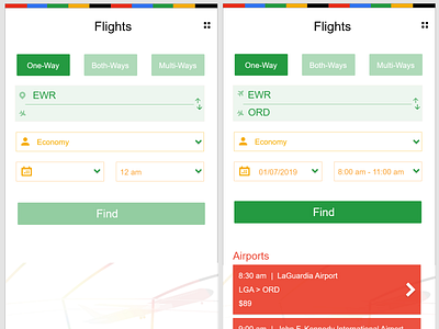 Flights app redesign - UI Daily Challenge app challange color colorful app dailyui design google ideas illustration ios mobile app ui ux