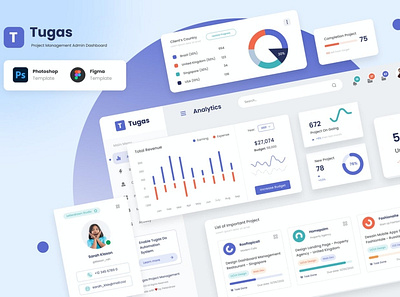 Tugas - Project Management Admin Dashboard 3d 3d illustration admin admin dashboard app bar blur card chart clean dashboard illustration minimal progress project project management project manager project managment simple ui