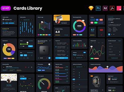 Dark cards – User Interface kit 3d 3d illustration bar blur card cards cards ui chart clean dark dark app dark mode dark theme dark ui dashboard illustration library minimal progress simple