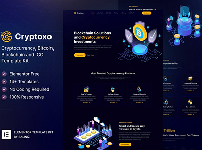 Cryptoxo – Cryptocurrency Blockchain & Bitcoin Elementor Templat 3d app art bitcoin coin concept cryptocurrency design development landing page money ui ui design ux ux design vector web design web development website wordpress