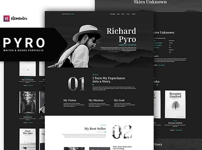 Pyro - Writer Portfolio Elementor Template Kit app author black book copywriter design elegant element event minimalist modern personal portfolio ui ui design ux ux design website white writer