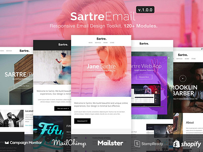 Sartre - Responsive Email Design Toolkit agency app branding design design toolkit email html illustration modules small tech startup toolkit ui ui design ux ux design web website