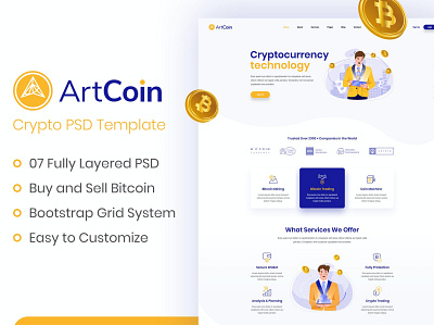 ArtCoin | Bitcoin and Cryptocurrency PSD Template app bitcoin coin cryptocurrency design free landing page money multipurpose online psd psd template purpose ui ui design ux ux design web development web maintance website