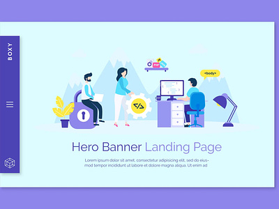 Boxy - Hero Banner landing page app banner branding dark design graphic design header hero illustration illustrator isometric navigation people social tech ui ui design ux ux design website