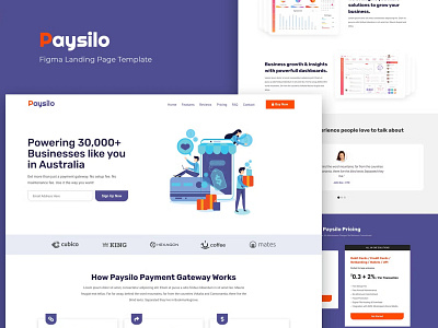 Paysilo — Figma Landing Page Template app branding design figma finance graphic design illustration insurance landing page motion graphics parallax portfolio portfolio template ui ui design uikit ux ux design web development website