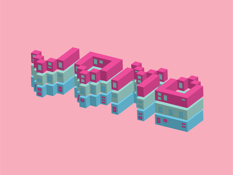 Jomo layout stacked letters bright colorful windows isometric cyberpunk building city neon typography type design graphic design