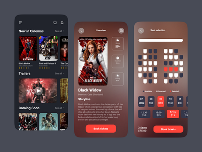 Cinema Booking App app app design booking booking app cinema design mobile app mobile design movie poster reservation ticket ui uiux