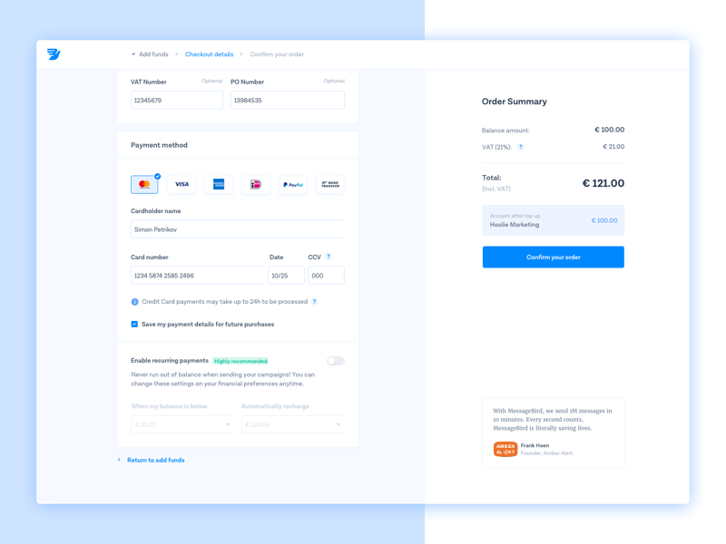 Recurring payments balance checkout communications credit card dashboard ideal message messagebird order order details pay payment methods payments paypal recurring sms summary