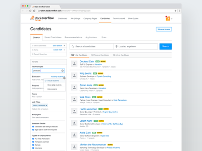 Talent Search alerts controls filters query search stack overflow tabs