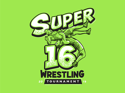 Super16 Wrestling Tourney comic crosshatch illustration lockup print tshirt design