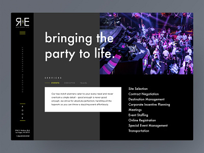 bringing the party to life dark event planner horizontal side menu travel ui ux vegas web