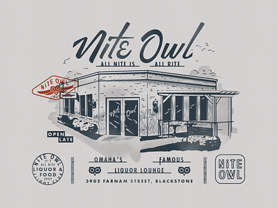 Nite Owl 50s 60s badge bar beer building illustration lettering logotype script vintage