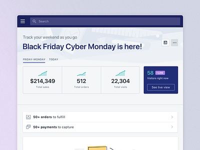 Black Friday Cyber Monday Header bfcm dashboard ecommerce header live metrics sales shopify spark lines tablet