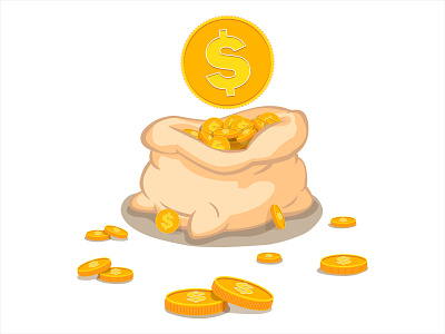Cartoon cash bag. Rich gold coins and pay. Wealth savings. bag business cartoon cash coin currency dollar finance golden investment marketing million money payment rich save target vector wealth