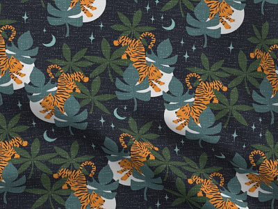 Night Tiger Pattern animal botanical design fabric fabric pattern illustration leaves pattern pattern design patterns retro retro design seamless pattern textile tiger tropical wallpaper pattern yearoftiger