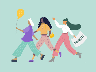 Three strong females walk together Illustration