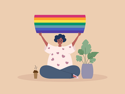 African woman holding LGBT rainbow flag illustration