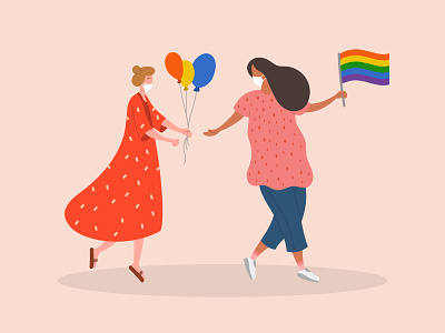 Couple of happy girls at the LGBT parade Illustration balloons female feminism flag girls human illustration illustrations lgbt lgbt community love parade pride day rainbow tolerance women