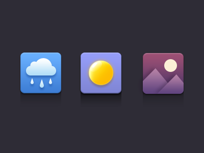 Three weather icons blue cloud light mountain purple rain sun sunny weather
