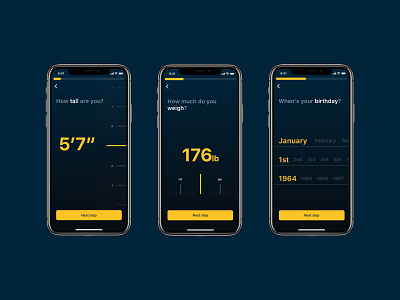 Warrior Up / Onboarding android app birthday clean dark blue dashboard height ios ios app military minimal mobile app modern onboarding registration signup simple ui ux design ui design weight yellow