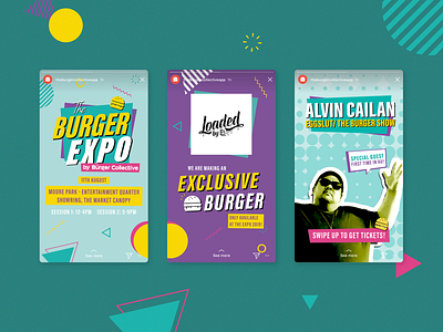 Burger Expo / Insta Stories 90s branding burger burger logo digital food app instagram instagram post instagram stories logo marketing retro social media ui design vintage visual identity