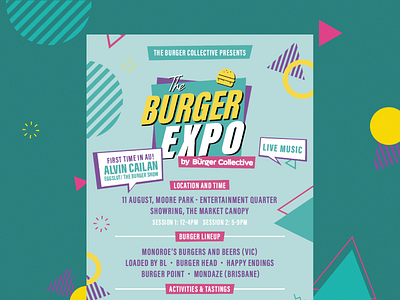 Burger Expo / Promotional Flyers 90s artwork branding burger custom design festival flyer flyer design food app lineup logo menu music poster print retro typography vintage visual identity