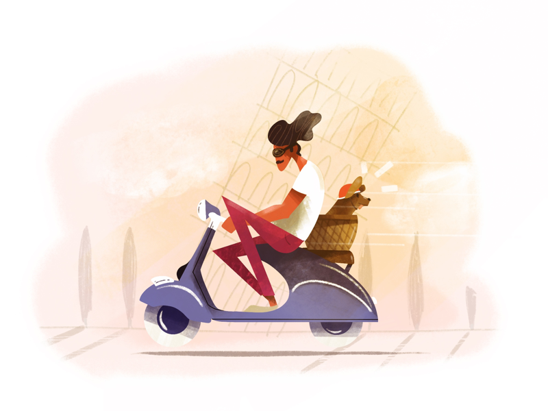 Road Trip on Two Wheels 🛵🐶 digital art digital painting dog holidays illustrateur illustration italy lille procreate retro scooter texture vespa