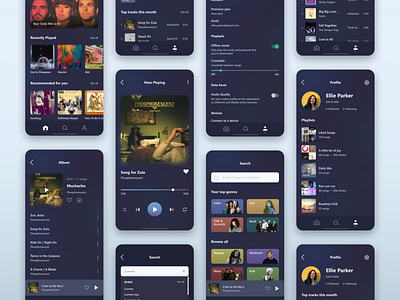 TuneCloud Music Streaming Service app darkinterface darkmode design interfacedesign mobile musicapp musicstreaming onboarding search searchresults settings ui uidesign ux