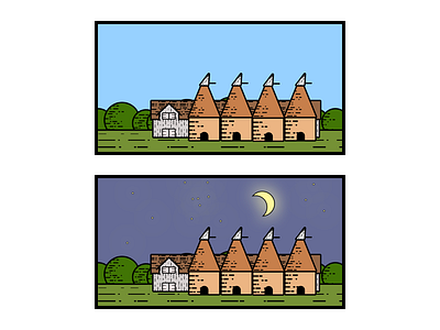 Oast houses Night/Day illustration line art line work lineart linework oast house oasthouse