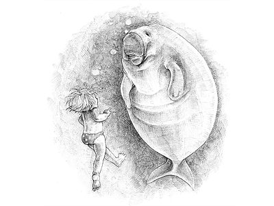 Aquarium child dive draw illustration sea sea cow underwater