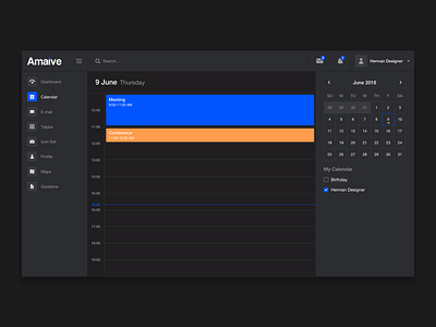 Dark Calendar - Amaive template admin admin panel administrator panel back back end calendar charts chat dark dark ui dashboard illustration schedule ui ux