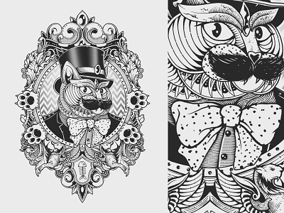 Hipster Mustache Cat alien cat cute cat drawing flowers framed ornamental ornate pattern paws tattoo vintage