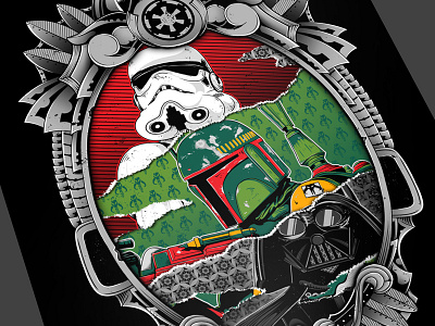 Trilogy boba fett character design darth vder fan art illustration movie poster ornamental pattern pop culture star wars storm trooper vintage
