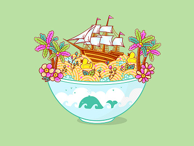 Ocean Adventure Ramen beach cartoon flowers food porn illustration noodle ocean photoshop psychedelic ramen sea toys vector vintage