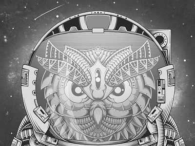 Interstellar Overdrive astronaut black and white cosmic cute owl digital art drawing illustration ornamental ornate owl photoshop space stars tattoo