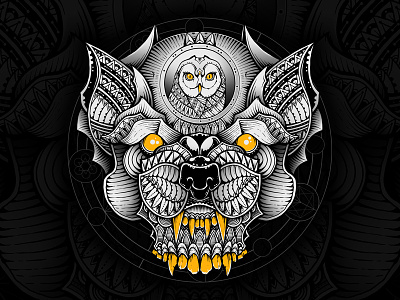 Nocturnal bat black and white drawing horror illustration mandala monster ornamental ornate owl pattern sacred geometry t shirt design tattoo