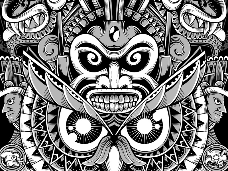 Ancient Prophecy monster aztec mayan skull ornate sacred geometry mandala vintage t-shirt design black and white artwork owl digital art artsy drawing tattoo ornamental illustration photoshop pattern