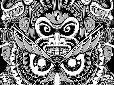Ancient Prophecy artsy artwork aztec black and white digital art drawing illustration mandala mayan monster ornamental ornate owl pattern photoshop sacred geometry skull t shirt design tattoo vintage